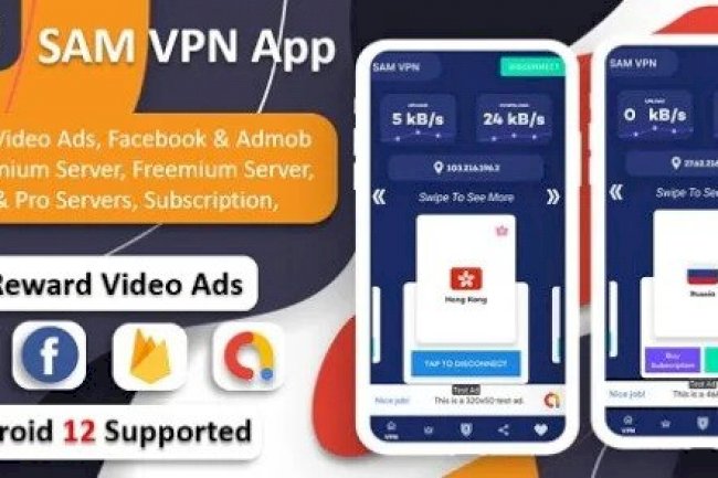 SAM VPN App v5.0 – Secure VPN and Fast Servers VPN | Reward Video Ads | Subscription | Admob & FB Ads Source Code